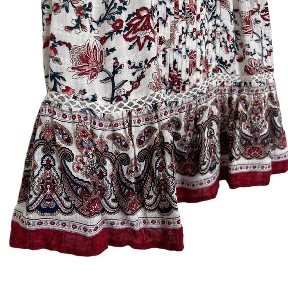 JOA Red Boho Print Pleated High Neck Lace Inset Blouse Size Small - Picture 3 of 9
